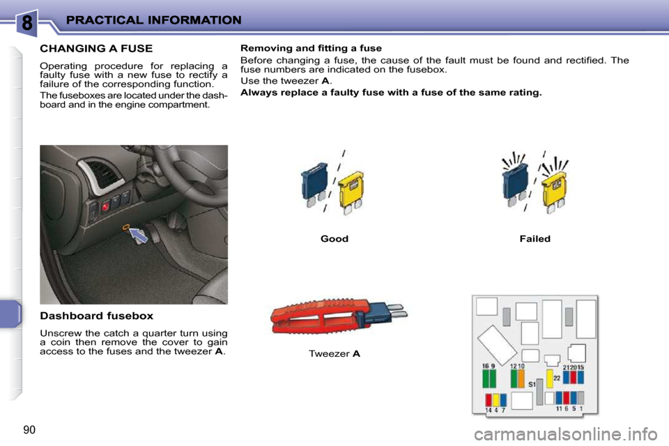 Peugeot 206 P Dag 2010.5 Owners Manual 90
CHANGING A FUSE
Operating procedure for replacing a
faulty fuse with a new fuse to rectify a
failure of the corresponding function.
The fuseboxes are located under Peugeot 206 P Dag 2010.5 Owners Manual 90
CHANGING A FUSE
Operating procedure for replacing a
faulty fuse with a new fuse to rectify a
failure of the corresponding function.
The fuseboxes are located under
