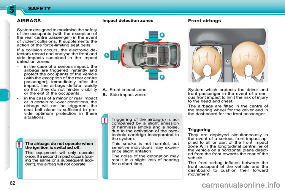 Peugeot 206 P Dag 2010 Workshop Manual !!
62
  AIRBAGS 
      Front airbags 
  Impact detection zones 
   System designed to maximise the safety  
of  the  occupants  (with  the  exception  of 
the rear centre passenger) in the event 
of  