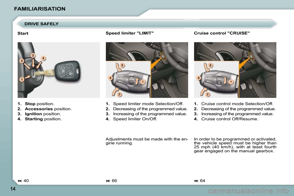 Peugeot 206 P Dag 2009 User Guide FAMILIARISATION  DRIVE SAFELY 
   
1.     Stop   position. 
  
2.     Accessories   position. 
  
3.     Ignition   position. 
  
4.     Starting   position.  
  Start  
   
�   40      Cruise cont