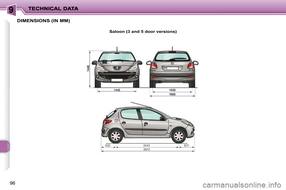 Peugeot 206 P Dag 2009  Owners Manual 96
       DIMENSIONS (IN MM) 
  
Saloon (3 and 5 door versions)      