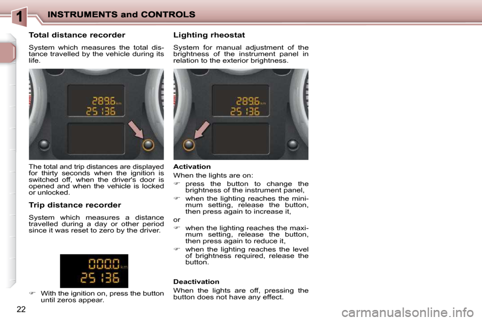 Peugeot 206 P Dag 2009 User Guide 22
  Total distance recorder  
 System  which  measures  the  total  dis- 
tance travelled by the vehicle during its 
life.   Lighting rheostat  
 System  for  manual  adjustment  of  the  
brightness
