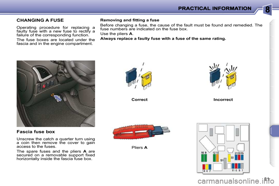 Peugeot 206 P Dag 2009 Manual Online 81
               CHANGING A FUSE 
 Operating  procedure  for  replacing  a  
faulty  fuse  with  a  new  fuse  to  rectify  a 
failure of the corresponding function.  
 The  fuse  boxes  are  located