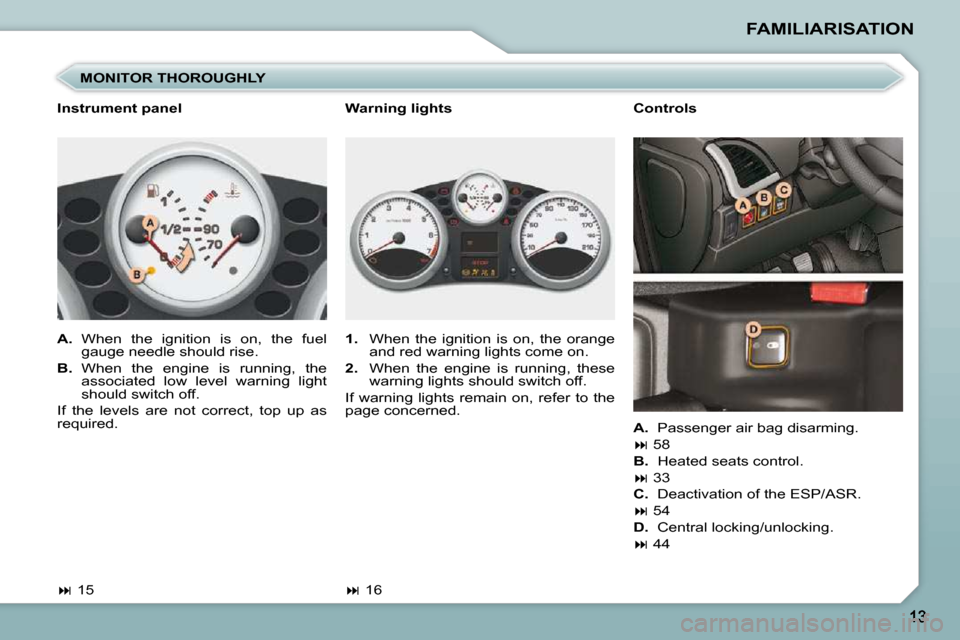 Peugeot 206 P Dag 2009  Owners Manual FAMILIARISATION
  MONITOR THOROUGHLY 
   
1.    When  the  ignition  is  on,  the  orange 
and red warning lights come on. 
  
2.    When  the  engine  is  running,  these 
warning lights should switc