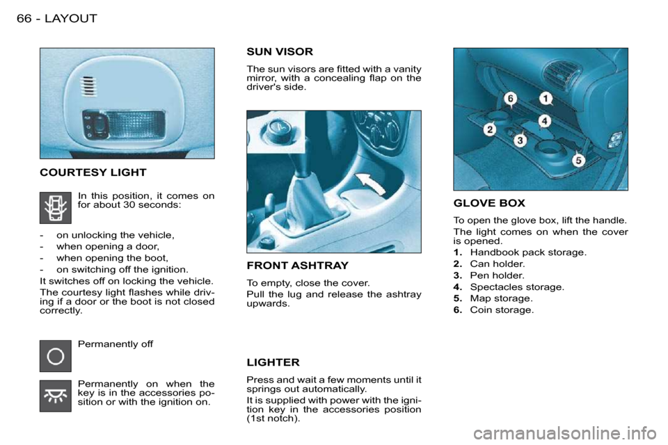 Peugeot 206 S Dag 2008 Repair Manual LAYOUT66 -
     GLOVE BOX 
 To open the glove box, lift the handle. 
 The  light  comes  on  when  the  cover  
is opened.  
   
1.    Handbook pack storage. 
  
2.    Can holder. 
  
3.    Pen holder