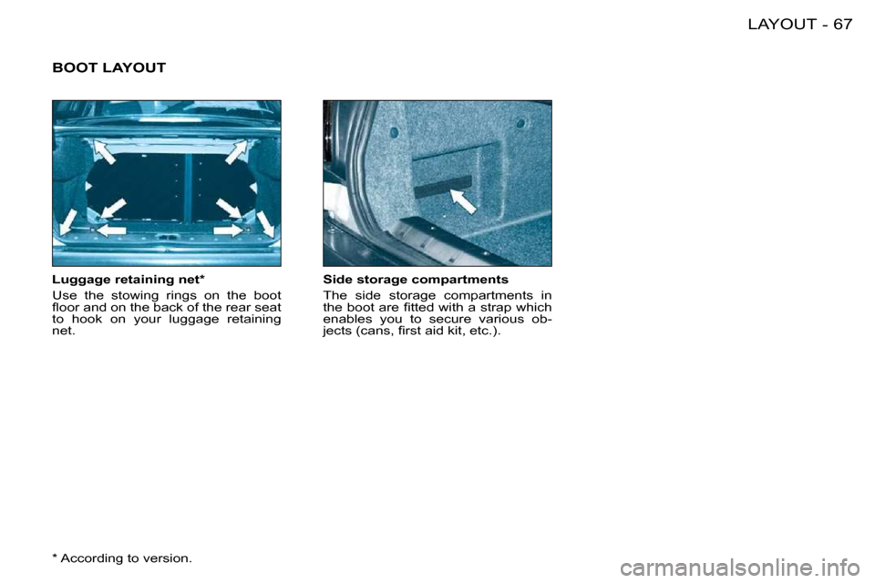 Peugeot 206 S Dag 2008 Repair Manual 67LAYOUT-
  Luggage retaining net *   
 Use  the  stowing  rings  on  the  boot  
�ﬂ� �o�o�r� �a�n�d� �o�n� �t�h�e� �b�a�c�k� �o�f� �t�h�e� �r�e�a�r� �s�e�a�t� 
to  hook  on  your  luggage  retainin