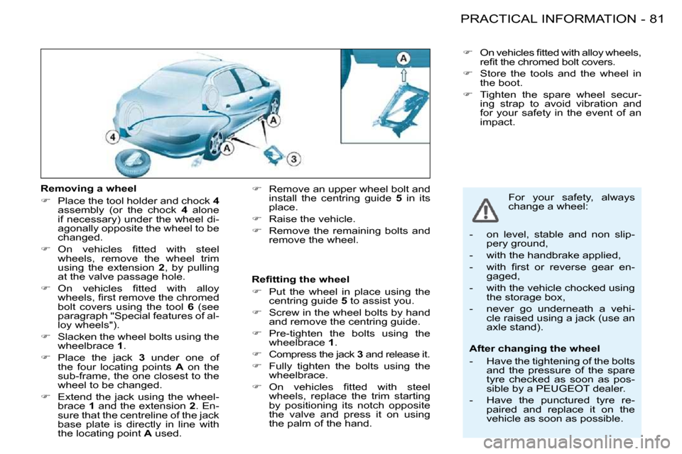 Peugeot 206 S Dag 2008 Manual Online 81PRACTICAL INFORMATION-
  Removing a wheel  
   
� � �  �P�l�a�c�e� �t�h�e� �t�o�o�l� �h�o�l�d�e�r� �a�n�d� �c�h�o�c�k� �  4  
�a�s�s�e�m�b�l�y�  �(�o�r�  �t�h�e�  �c�h�o�c�k�  �  4� �  �a�l�o�n�e