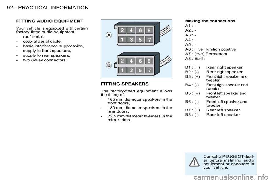 Peugeot 206 S Dag 2008 Owners Manual PRACTICAL INFORMATION92 -
         FITTING SPEAKERS 
� �T�h�e�  �f�a�c�t�o�r�y�-�ﬁ� �t�t�e�d�  �e�q�u�i�p�m�e�n�t�  �a�l�l�o�w�s�  
�t�h�e� �ﬁ� �t�t�i�n�g� �o�f�:�  
� � � �-� �  �1�6�5� �m�m� �d�