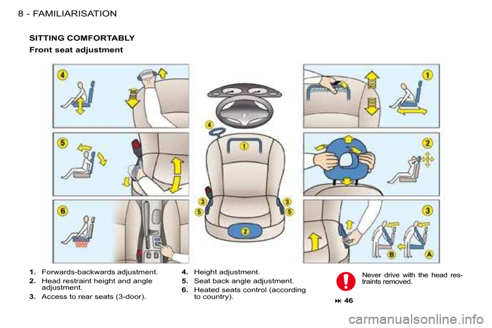 Peugeot 206 SW 2008  Owners Manual FAMILIARISATION
8 -
SITTING COMFORTABLY
Front seat adjustment 
1. �  �F�o�r�w�a�r�d�s�-�b�a�c�k�w�a�r�d�s� �a�d�j�u�s�t�m�e�n�t�.
2.   Head restraint height and angle 
adjustment.
3.   Access to rear 