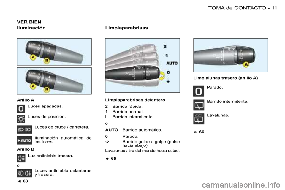 Peugeot 206 SW 2008  Manual del propietario (in Spanish) 11
TOMA de CONTACTO
-
VER BIEN
Limpiaparabrisas
Luces apagadas. 
Luces de posición. Luces de cruce / carretera. 
Iluminación  automática  de  
las luces.
Anillo B 
o
  Luz antiniebla trasera. Parad