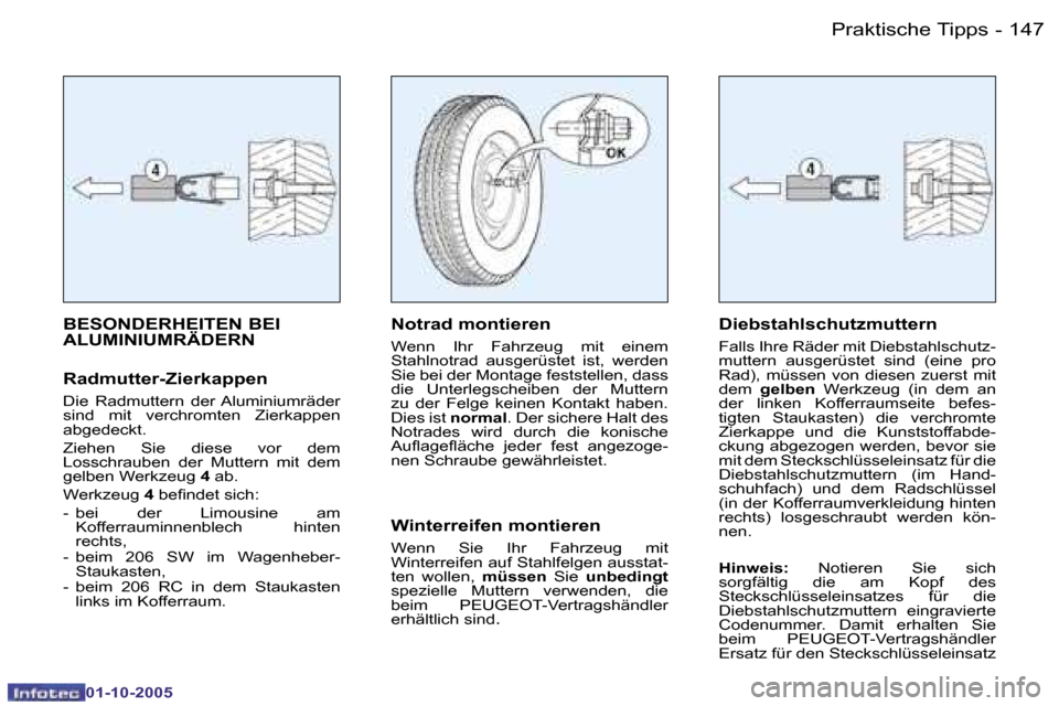 Peugeot 206 SW 2005.5  Betriebsanleitung (in German) �P�r�a�k�t�i�s�c�h�e� �T�i�p�p�s
�1�4�6 �-
�0�1�-�1�0�-�2�0�0�5
�1�4�7
�P�r�a�k�t�i�s�c�h�e� �T�i�p�p�s
�-
�0�1�-�1�0�-�2�0�0�5
�B�E�S�O�N�D�E�R�H�E�I�T�E�N� �B�E�I�  
�A�L�U�M�I�N�I�U�M�R�Ä�D�E�R�N
