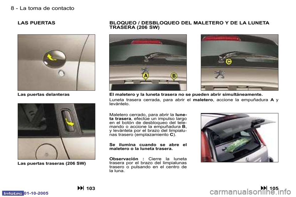 Peugeot 206 SW 2005.5  Manual del propietario (in Spanish) �L�a� �t�o�m�a� �d�e� �c�o�n�t�a�c�t�o�8 �-
�0�1�-�1�0�-�2�0�0�5
�9�L�a� �t�o�m�a� �d�e� �c�o�n�t�a�c�t�o�-
�0�1�-�1�0�-�2�0�0�5
�L�A�S� �P�U�E�R�T�A�S
�E�l� �m�a�l�e�t�e�r�o� �y� �l�a� �l�u�n�e�t�a� 