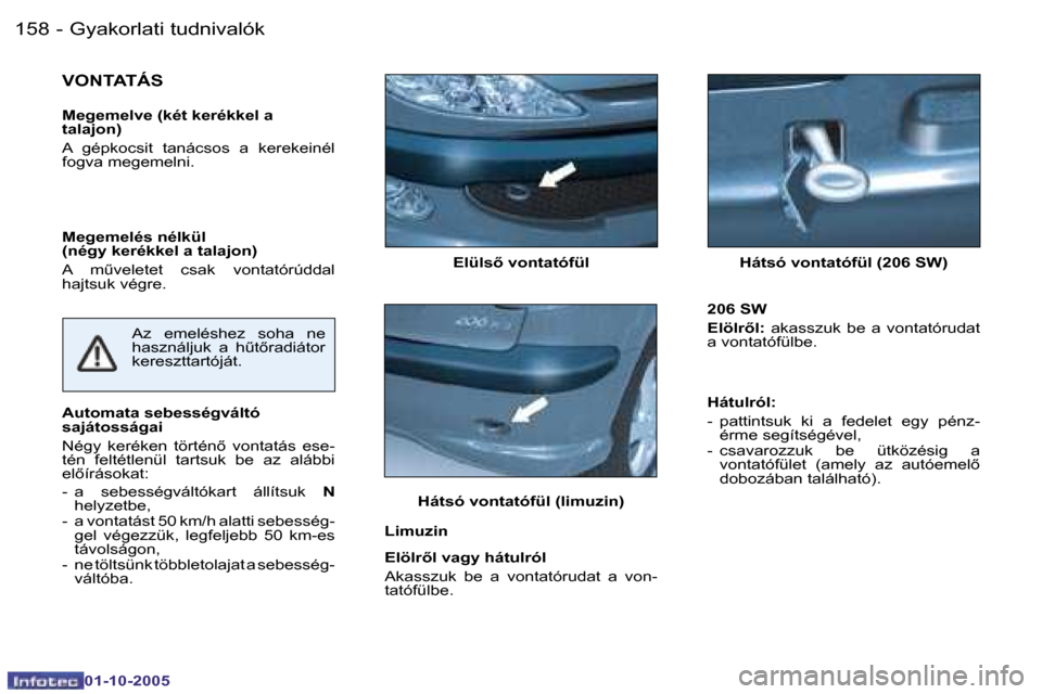 Peugeot 206 SW 2005.5  Kezelési útmutató (in Hungarian) �G�y�a�k�o�r�l�a�t�i� �t�u�d�n�i�v�a�l�ó�k�1�5�8 �-
�0�1�-�1�0�-�2�0�0�5
�1�5�9�G�y�a�k�o�r�l�a�t�i� �t�u�d�n�i�v�a�l�ó�k�-
�0�1�-�1�0�-�2�0�0�5
�E�l�ü�l�s5� �v�o�n�t�a�t�ó�f�ü�l �H�á�t�s�ó� �