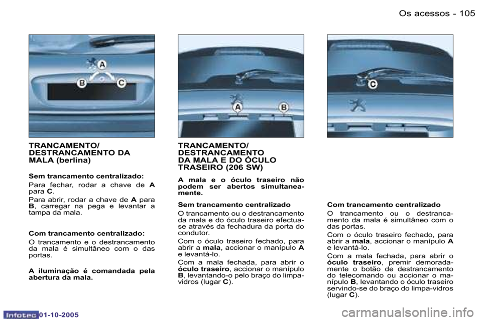 Peugeot 206 SW 2005.5  Manual do proprietário (in Portuguese) �O�s� �a�c�e�s�s�o�s�1�0�4 �-
�0�1�-�1�0�-�2�0�0�5
�1�0�5�O�s� �a�c�e�s�s�o�s�-
�0�1�-�1�0�-�2�0�0�5
�T�R�A�N�C�A�M�E�N�T�O�/ 
�D�E�S�T�R�A�N�C�A�M�E�N�T�O� �D�A� 
�M�A�L�A� �(�b�e�r�l�i�n�a�)� 
�S�e�