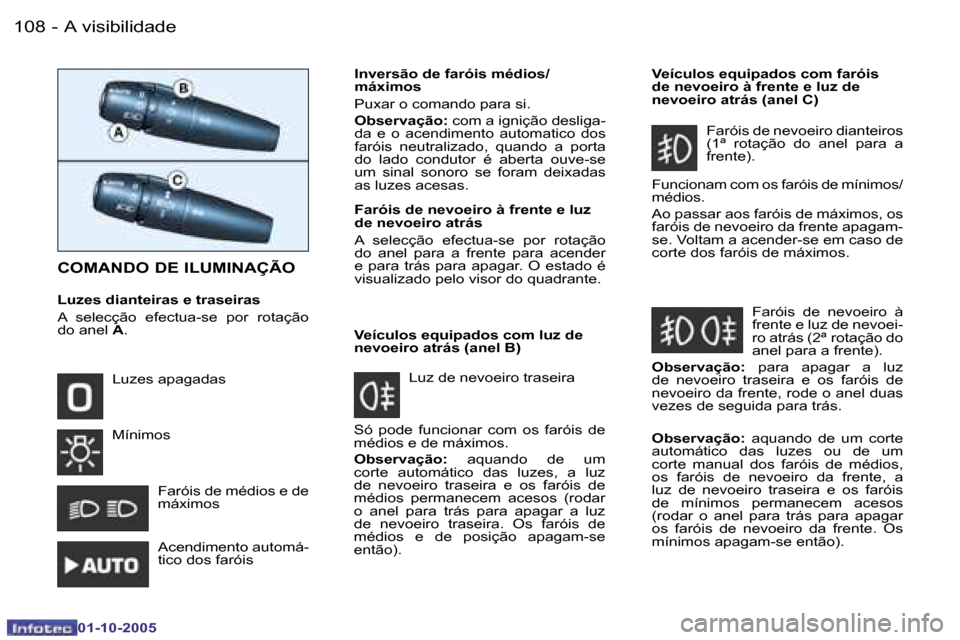 Peugeot 206 SW 2005.5  Manual do proprietário (in Portuguese) �A� �v�i�s�i�b�i�l�i�d�a�d�e�1�0�8 �-
�0�1�-�1�0�-�2�0�0�5
�1�0�9�A� �v�i�s�i�b�i�l�i�d�a�d�e�-
�0�1�-�1�0�-�2�0�0�5
�C�O�M�A�N�D�O� �D�E� �I�L�U�M�I�N�A�Ç�Ã�O
�L�u�z�e�s� �d�i�a�n�t�e�i�r�a�s� �e� 