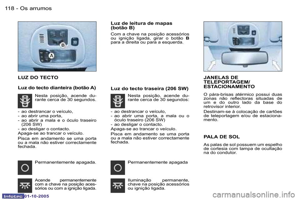 Peugeot 206 SW 2005.5  Manual do proprietário (in Portuguese) �O�s� �a�r�r�u�m�o�s�1�1�8 �-
�0�1�-�1�0�-�2�0�0�5
�1�1�9�O�s� �a�r�r�u�m�o�s�-
�0�1�-�1�0�-�2�0�0�5
�L�U�Z� �D�O� �T�E�C�T�O
�L�u�z� �d�o� �t�e�c�t�o� �d�i�a�n�t�e�i�r�a� �(�b�o�t�ã�o� �A�)�L�u�z� �