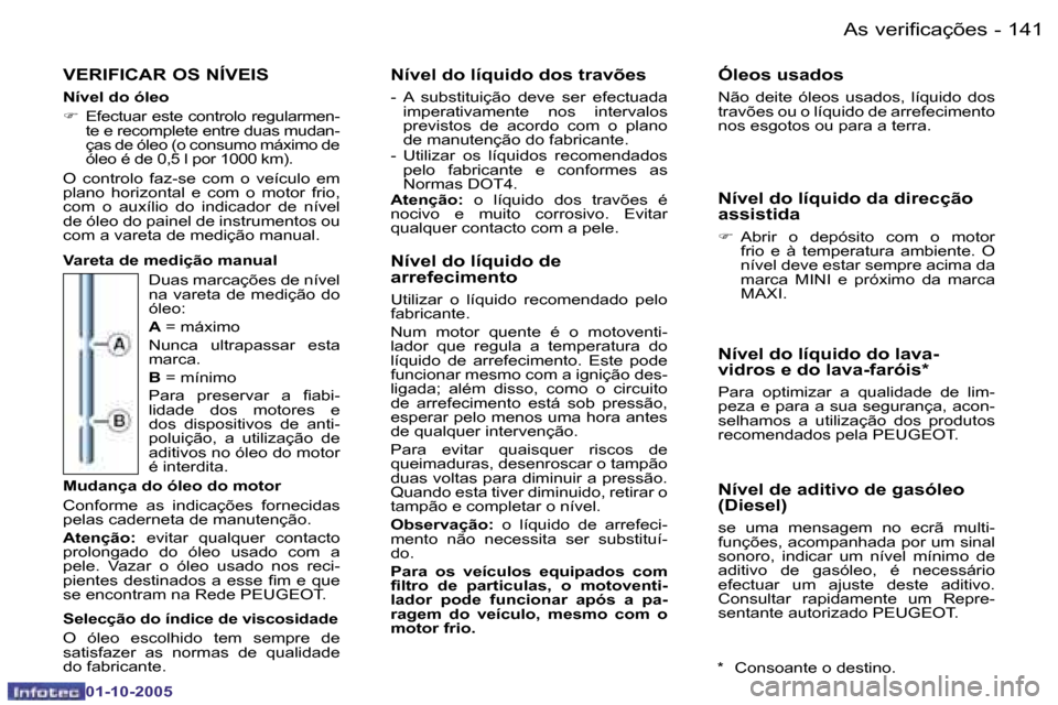 Peugeot 206 SW 2005.5  Manual do proprietário (in Portuguese) �A�s� �v�e�r�i�f�i�c�a�ç�õ�e�s
�1�4�0 �-
�0�1�-�1�0�-�2�0�0�5
�1�4�1
�A�s� �v�e�r�i�f�i�c�a�ç�õ�e�s
�-
�0�1�-�1�0�-�2�0�0�5
�V�E�R�I�F�I�C�A�R� �O�S� �N�Í�V�E�I�S
�N�í�v�e�l� �d�o� �ó�l�e�o 
�F