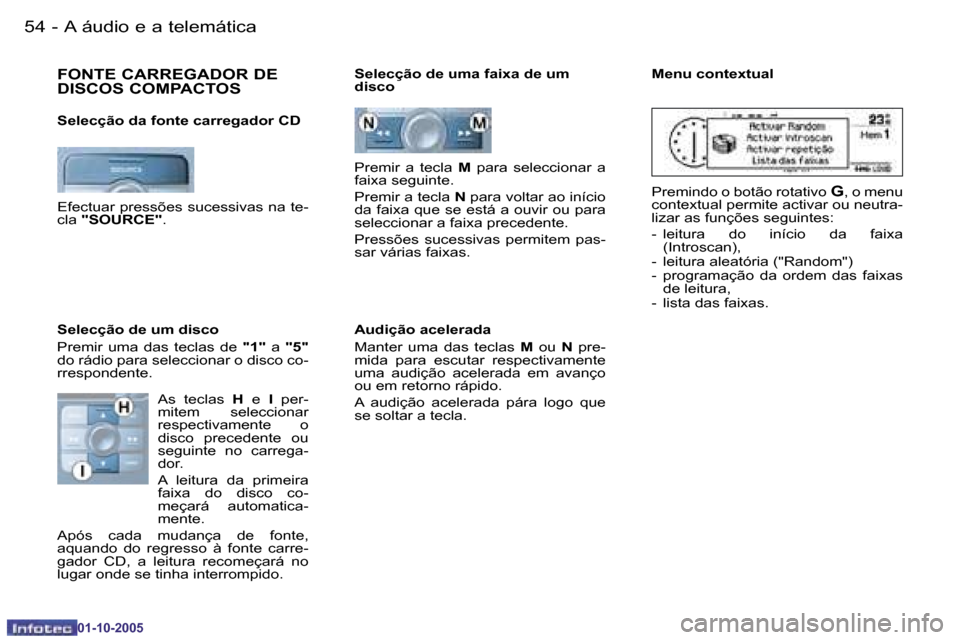 Peugeot 206 SW 2005.5  Manual do proprietário (in Portuguese) �5�4 �-�A� �á�u�d�i�o� �e� �a� �t�e�l�e�m�á�t�i�c�a
�0�1�-�1�0�-�2�0�0�5
�5�5
�-�A� �á�u�d�i�o� �e� �a� �t�e�l�e�m�á�t�i�c�a
�0�1�-�1�0�-�2�0�0�5
�F�O�N�T�E� �C�A�R�R�E�G�A�D�O�R� �D�E�  
�D�I�S�C