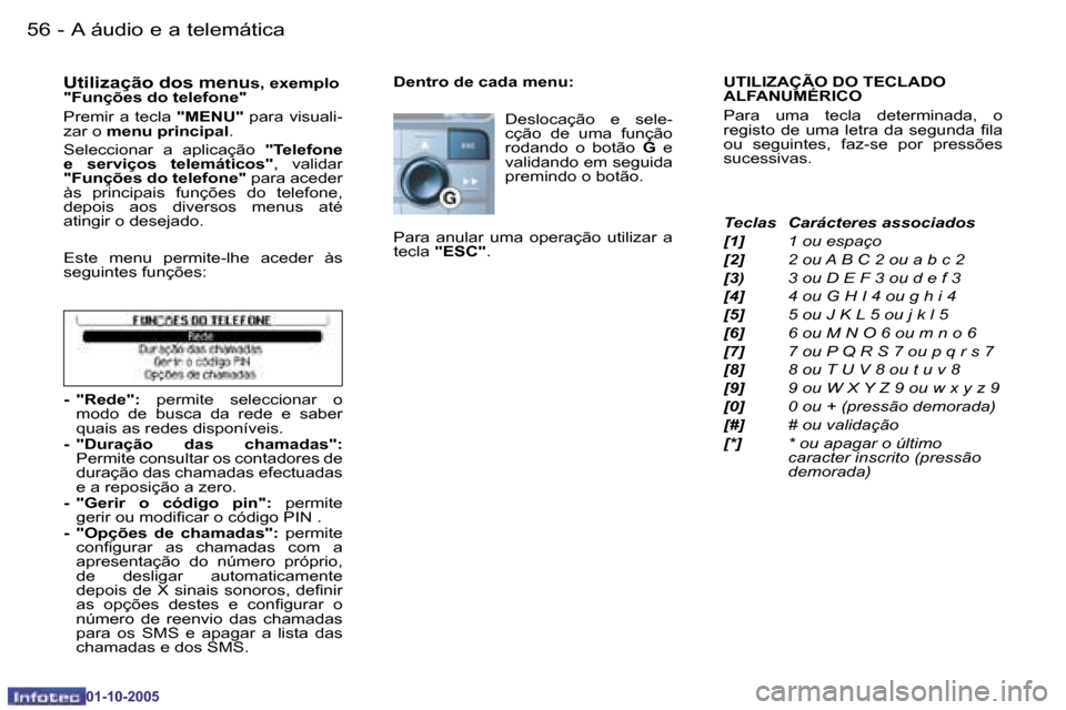 Peugeot 206 SW 2005.5  Manual do proprietário (in Portuguese) �5�6 �-�A� �á�u�d�i�o� �e� �a� �t�e�l�e�m�á�t�i�c�a
�0�1�-�1�0�-�2�0�0�5
�5�7
�-�A� �á�u�d�i�o� �e� �a� �t�e�l�e�m�á�t�i�c�a
�0�1�-�1�0�-�2�0�0�5
�D�e�n�t�r�o� �d�e� �c�a�d�a� �m�e�n�u�:
�D�e�s�l�
