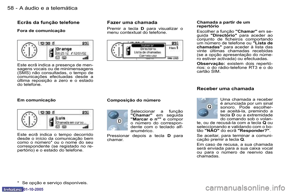 Peugeot 206 SW 2005.5  Manual do proprietário (in Portuguese) �5�8 �-�A� �á�u�d�i�o� �e� �a� �t�e�l�e�m�á�t�i�c�a
�0�1�-�1�0�-�2�0�0�5
�5�9
�-
�A� �á�u�d�i�o� �e� �a� �t�e�l�e�m�á�t�i�c�a
�0�1�-�1�0�-�2�0�0�5
�E�c�r�ã�s� �d�a� �f�u�n�ç�ã�o� �t�e�l�e�f�o�n