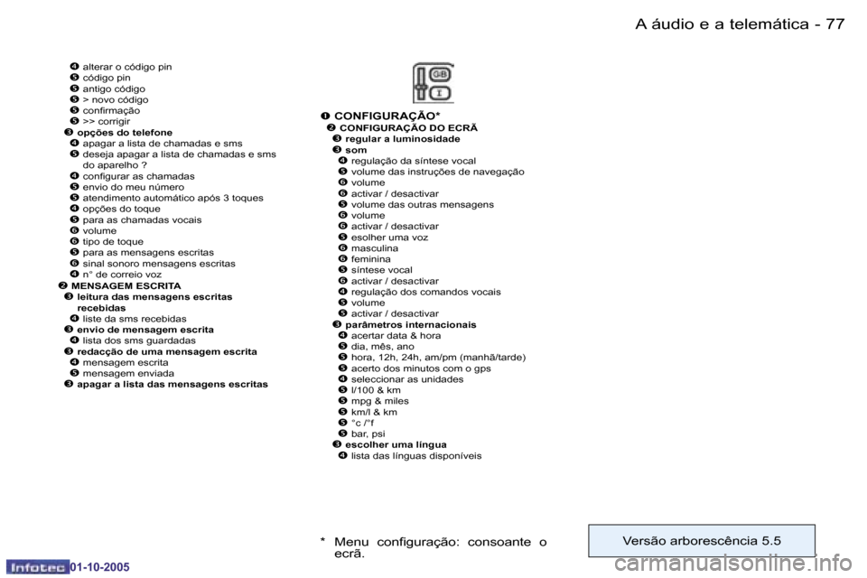 Peugeot 206 SW 2005.5  Manual do proprietário (in Portuguese) �7�6 �-�A� �á�u�d�i�o� �e� �a� �t�e�l�e�m�á�t�i�c�a
�0�1�-�1�0�-�2�0�0�5
�7�7
�-�A� �á�u�d�i�o� �e� �a� �t�e�l�e�m�á�t�i�c�a
�0�1�-�1�0�-�2�0�0�5
�� �a�l�t�e�r�a�r� �o� �c�ó�d�i�g�o� �p�i�n��