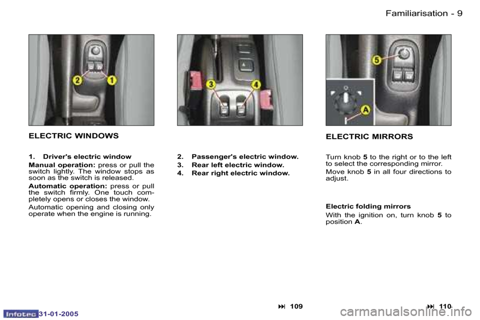 Peugeot 206 SW 2004.5 User Guide �8 �-
�3�1�-�0�1�-�2�0�0�5
�9
�-
�3�1�-�0�1�-�2�0�0�5
�E�L�E�C�T�R�I�C� �W�I�N�D�O�W�S
�:�  �1�0�9
�2�.�  �P�a�s�s�e�n�g�e�r��s� �e�l�e�c�t�r�i�c� �w�i�n�d�o�w�. 
�3�.�  �R�e�a�r� �l�e�f�t� �e�l�e�c�
