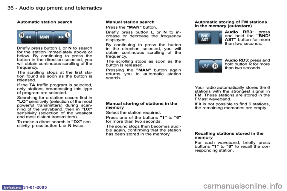Peugeot 206 SW 2004.5 Owners Guide �3�6 �-
�3�1�-�0�1�-�2�0�0�5
�3�7
�-
�3�1�-�0�1�-�2�0�0�5
�M�a�n�u�a�l� �s�t�a�t�i�o�n� �s�e�a�r�c�h 
�P�r�e�s�s� �t�h�e�  �"�M�A�N�"� �b�u�t�t�o�n�.
�B�r�i�e�l�y�  �p�r�e�s�s�  �b�u�t�t�o�n�  �L�  �o