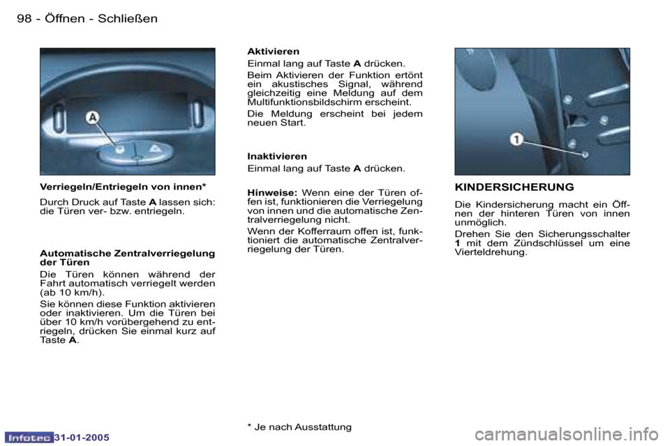 Peugeot 206 SW 2004.5  Betriebsanleitung (in German) �9�8 �-
�3�1�-�0�1�-�2�0�0�5
�9�9
�-
�3�1�-�0�1�-�2�0�0�5
�K�I�N�D�E�R�S�I�C�H�E�R�U�N�G� 
�D�i�e�  �K�i�n�d�e�r�s�i�c�h�e�r�u�n�g�  �m�a�c�h�t�  �e�i�n�  �Ö�f�f�- 
�n�e�n�  �d�e�r�  �h�i�n�t�e�r�e�n