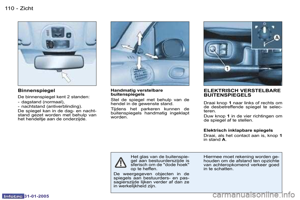Peugeot 206 SW 2004.5  Handleiding (in Dutch) �1�1�0 �-
�3�1�-�0�1�-�2�0�0�5
�B�i�n�n�e�n�s�p�i�e�g�e�l
�D�e� �b�i�n�n�e�n�s�p�i�e�g�e�l� �k�e�n�t� �2� �s�t�a�n�d�e�n�: 
�-�  �d�a�g�s�t�a�n�d� �(�n�o�r�m�a�a�l�)�, 
�-�  �n�a�c�h�t�s�t�a�n�d� �(�a