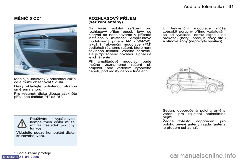 Peugeot 206 SW 2004.5  Návod k obsluze (in Czech) �6�0 �-
�3�1�-�0�1�-�2�0�0�5
�6�1
�-
�3�1�-�0�1�-�2�0�0�5
�M(�N�I�Č� �5� �C�D�*
�M)�n�i�č� �j�e� �u�m�í�s�t)�n�ý� �v� �o�d�k�l�á�d�a�c�í� �s�k9�í�n�- 
�c�e� �a� �mA�ž�e� �o�b�s�a�h�o�v�a�