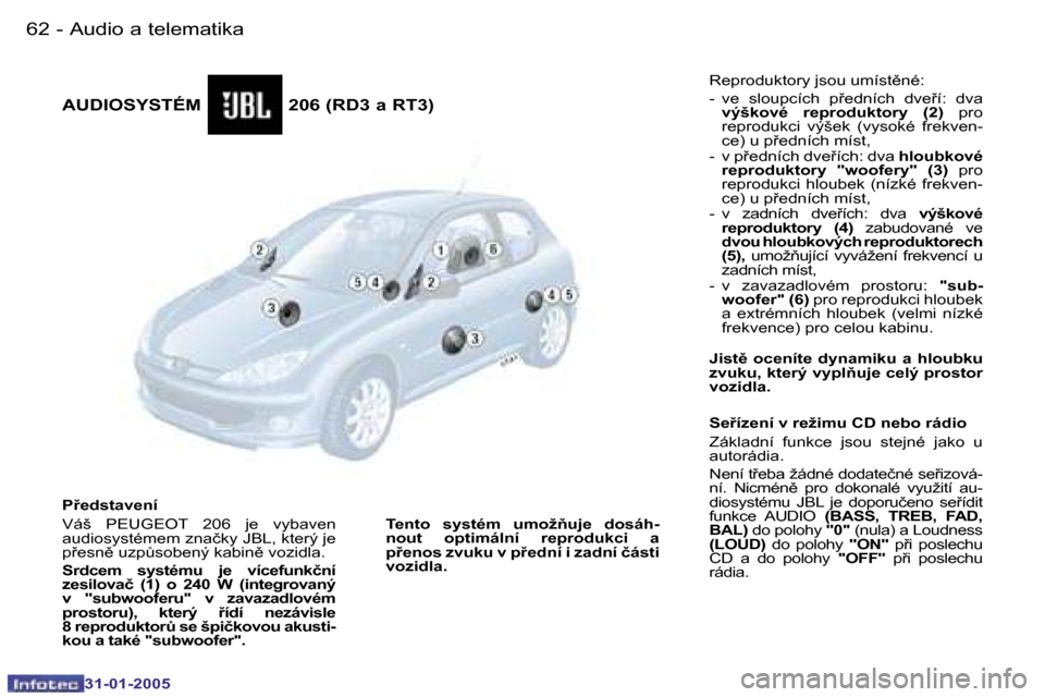 Peugeot 206 SW 2004.5  Návod k obsluze (in Czech) �6�2 �-
�3�1�-�0�1�-�2�0�0�5
�A�U�D�I�O�S�Y�S�T�É�M� � � � � � � � � � � � � � � �2�0�6� �(�R�D�3� �a� �R�T�3�)
�P9�e�d�s�t�a�v�e�n�í 
�V�á�š�  �P�E�U�G�E�O�T�  �2�0�6�  �j�e�  �v�y�b�a�v�e�n�  

