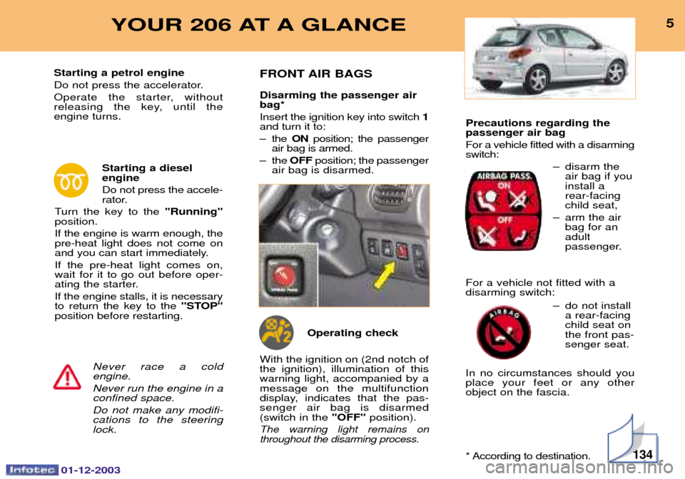 Peugeot 206 SW 2003.5  Owners Manual Precautions regarding the passenger air bag 
:
	&	-	)&
 )&? 
&	
-


	
-
&	$
? 
&	
 -

"		

:
	&