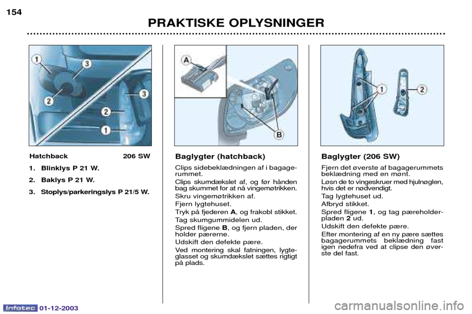 Peugeot 206 SW 2003.5  Instruktionsbog (in Danish) 01-12-2003
PRAKTISKE OPLYSNINGER
154
Baglygter (hatchback) 
	

	

  
 

  
   
	




 


