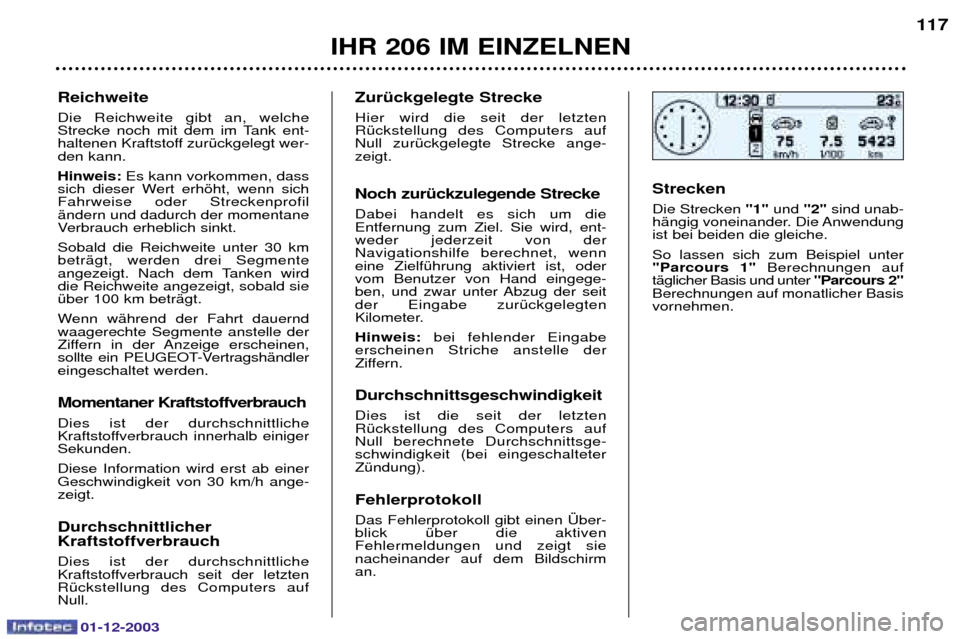 Peugeot 206 SW 2003.5  Betriebsanleitung (in German) 01-12-2003
IHR 206 IM EINZELNEN117
ZurŸckgelegte Strecke 
5	 +	   	  
%#  ($	 
; 	# ,	#  & Noch zurŸckzulegende Streck