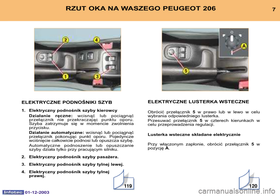 Peugeot 206 SW 2003.5  Instrukcja Obsługi (in Polish) 01-12-2003
11 9120
ELEKTRYCZNE PODNOŚNIKI SZYB 
1. Elektryczny podnośnik szyby kierowcyDziałanie  rę czne: wcisnąć  lub  pociągnąć
przełącznik  nie  przekraczając  punktu  oporu. 
Szyba  z