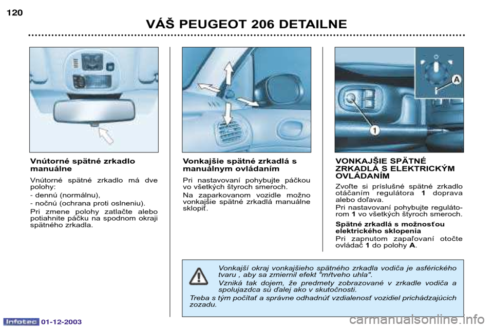 Peugeot 206 SW 2003.5  Užívateľská príručka (in Slovak) 01-12-2003
VÁŠ PEUGEOT 206 DETAILNE
Vnútorné spätné zrkadlo manuálne 
Vnútorné  spätné  zrkadlo  má  dve polohy: 	dennú (normálnu),
	 nočnú (ochrana proti oslneniu).
Pri  zmene  polo