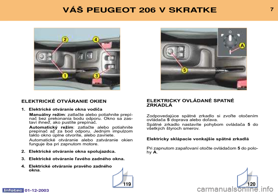 Peugeot 206 SW 2003.5  Užívateľská príručka (in Slovak) 01-12-2003
11 9120
ELEKTRICKÉ OTVÁRANIE OKIEN 
1. Elektrické otváranie okna vodičaManuálny režim : zatlačte alebo potiahnite prepí-
nač  bez  prekonania  bodu  odporu.  Okno  sa  zas- 
taví