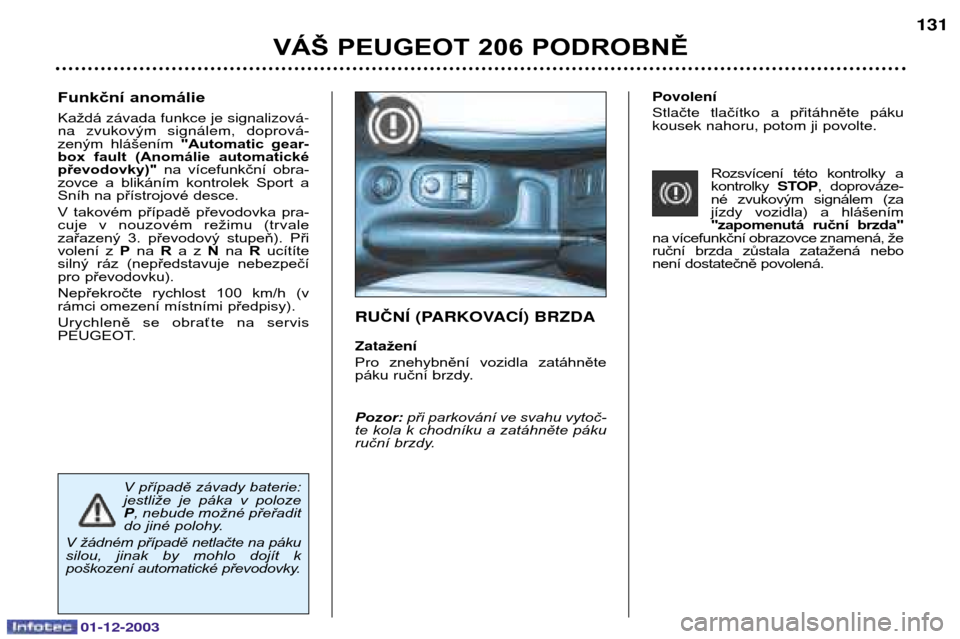 Peugeot 206 SW 2003.5  Návod k obsluze (in Czech) 01-12-2003
VÁŠ PEUGEOT 206 PODROBNĚ131
Povolen’ %	 č 	 č 	  ř ě 
	 povolte
Rozsvícení  této  kontrolky  a kontrolky  STOP,  doprováze-
n�