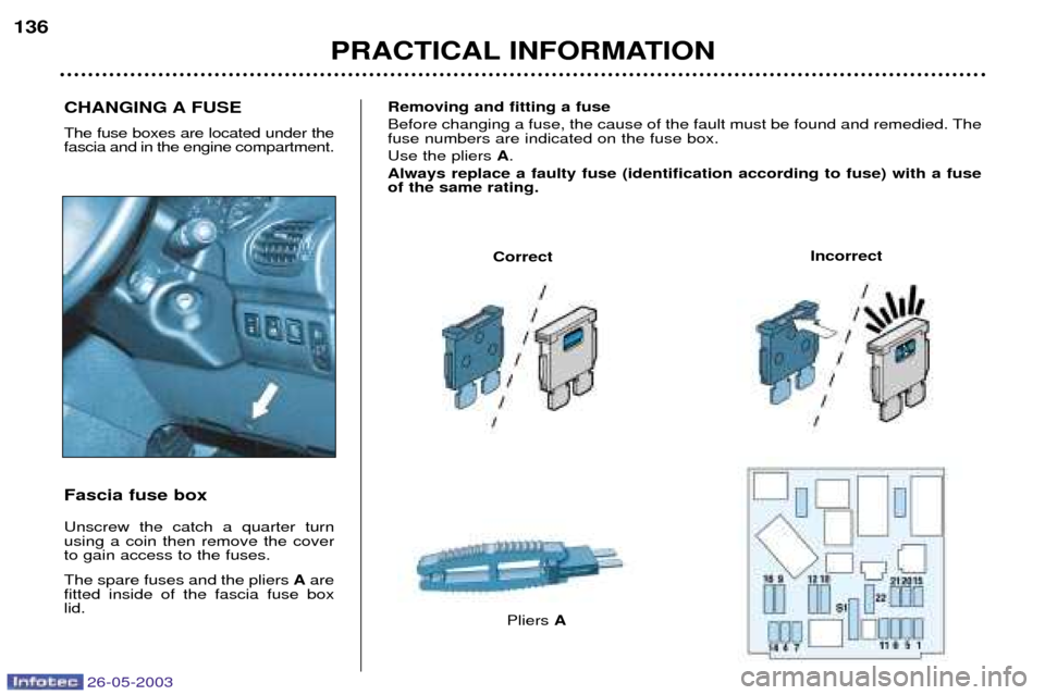 Peugeot 206 SW 2003  Owners Manual 26-05-2003
CHANGING A FUSE The fuse boxes are located under the fascia and in the engine compartment. Fascia fuse box Unscrew the catch a quarter turn using a coin then remove the coverto gain access 