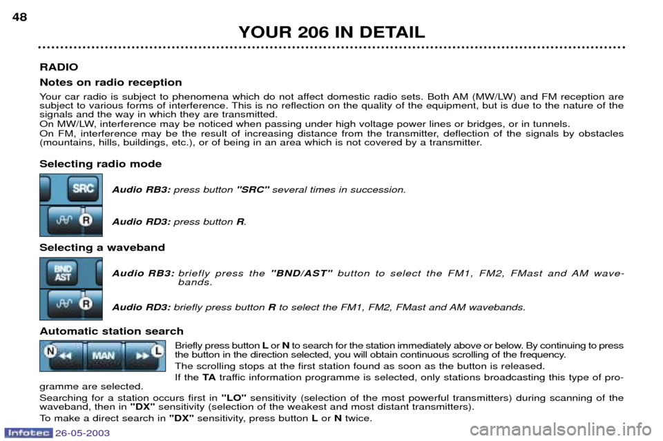 Peugeot 206 SW 2003 Service Manual 26-05-2003
RADIO Notes on radio reception 
Your car radio is subject to phenomena which do not affect domestic radio sets. Both AM (MW/LW) and FM reception are 
subject to various forms of interferenc