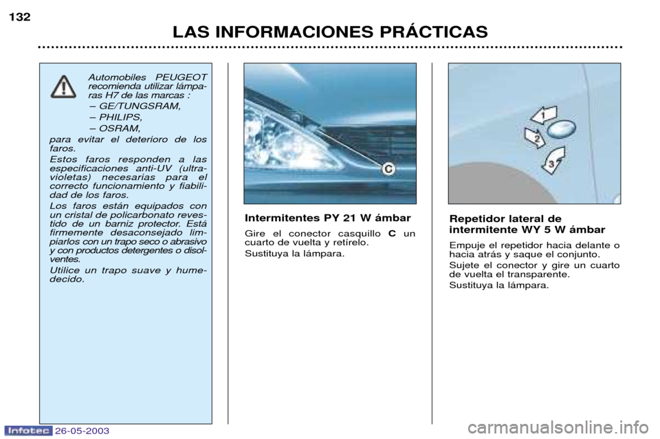 Peugeot 206 SW 2003 Manual del propietario (in Spanish) 26-05-2003
LAS INFORMACIONES PRçCTICAS
132
Repetidor lateral de
intermitente WY 5 W ‡mbar Empuje el repetidor hacia delante o hacia atr‡s y saque el conjunto. Sujete el conector y gire un cuarto Peugeot 206 SW 2003 Manual del propietario (in Spanish) 26-05-2003
LAS INFORMACIONES PRçCTICAS
132
Repetidor lateral de
intermitente WY 5 W ‡mbar Empuje el repetidor hacia delante o hacia atr‡s y saque el conjunto. Sujete el conector y gire un cuarto