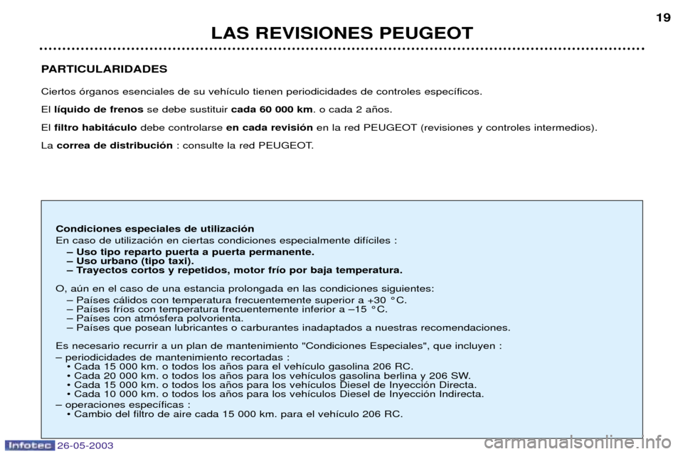 Peugeot 206 SW 2003 Manual del propietario (in Spanish) 26-05-2003
PARTICULARIDADES Ciertos —rganos esenciales de su veh’culo tienen periodicidades de controles espec’ficos. El l’quido de frenos se debe sustituir cada 60 000 km. o cada 2 a–os.
E Peugeot 206 SW 2003 Manual del propietario (in Spanish) 26-05-2003
PARTICULARIDADES Ciertos —rganos esenciales de su veh’culo tienen periodicidades de controles espec’ficos. El l’quido de frenos se debe sustituir cada 60 000 km. o cada 2 a–os.
E
