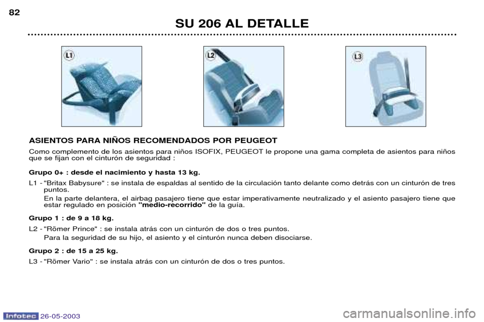 Peugeot 206 SW 2003 Manual del propietario (in Spanish) 26-05-2003
SU 206 AL DETALLE
82
ASIENTOS PARA NI„OS RECOMENDADOS POR PEUGEOT
Como complemento de los asientos para ni–os ISOFIX, PEUGEOT le propone una gama completa de asientos para ni–os que Peugeot 206 SW 2003 Manual del propietario (in Spanish) 26-05-2003
SU 206 AL DETALLE
82
ASIENTOS PARA NI„OS RECOMENDADOS POR PEUGEOT
Como complemento de los asientos para ni–os ISOFIX, PEUGEOT le propone una gama completa de asientos para ni–os que