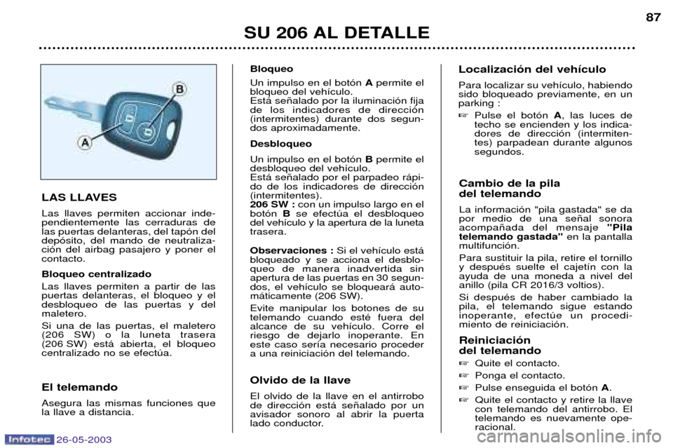 Peugeot 206 SW 2003 Manual del propietario (in Spanish) 26-05-2003
SU 206 AL DETALLE87
Cambio de la pila del telemando La informaci—n "pila gastada" se da por medio de una se–al sonoraacompa–ada del mensaje "Pila
telemando gastada" en la pantalla
m Peugeot 206 SW 2003 Manual del propietario (in Spanish) 26-05-2003
SU 206 AL DETALLE87
Cambio de la pila del telemando La informaci—n "pila gastada" se da por medio de una se–al sonoraacompa–ada del mensaje "Pila
telemando gastada" en la pantalla
m