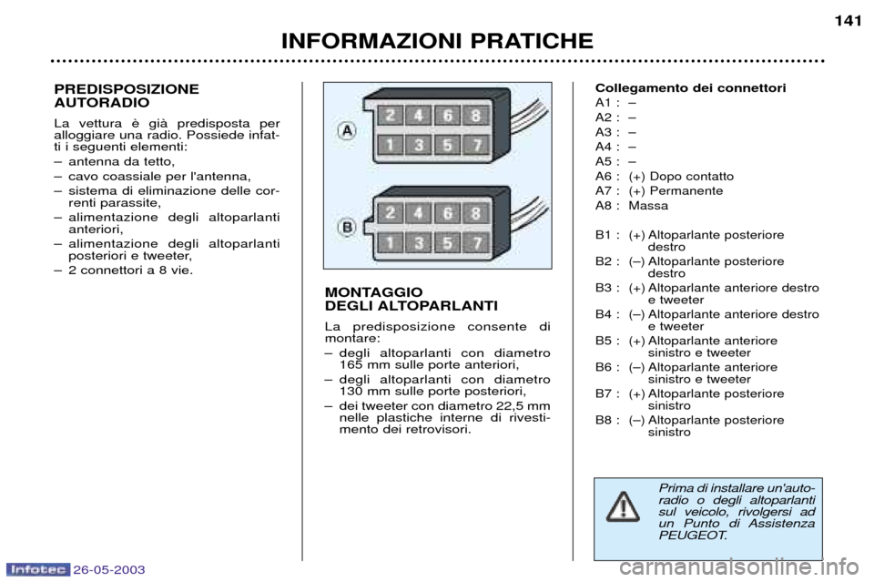 Peugeot 206 SW 2003  Manuale del proprietario (in Italian) 26-05-2003
INFORMAZIONI PRATICHE141
PREDISPOSIZIONE  
AUTORADIO La vettura  alloggiare una radio. Possiede infat-ti i seguenti elementi: 
Ð antenna da tetto,
Ð cavo coassiale per lantenna,
Ð siste