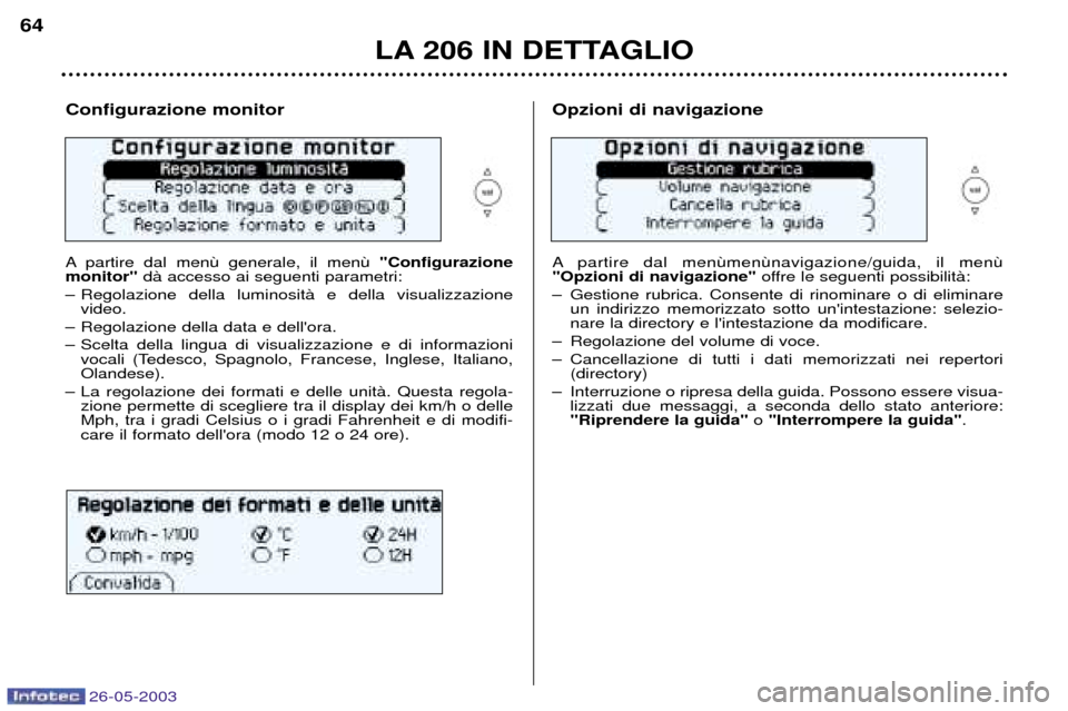 Peugeot 206 SW 2003  Manuale del proprietario (in Italian) 26-05-2003
LA 206 IN DETTAGLIO
64
Configurazione monitor 
A partire dal men
"Configurazione
monitor"  dˆ accesso ai seguenti parametri:
Ð Regolazione della luminositˆ e della visualizzazione video.