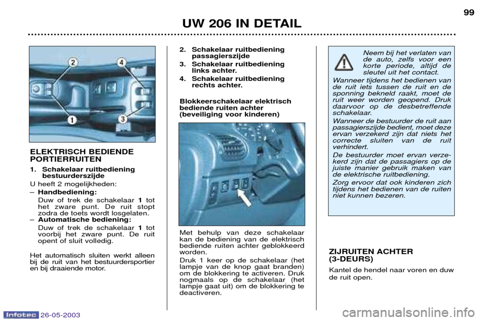 Peugeot 206 SW 2003  Handleiding (in Dutch) 26-05-2003
UW 206 IN DETAIL99
ZIJRUITEN ACHTER (3-DEURS) Kantel de hendel naar voren en duw de ruit open.
ELEKTRISCH BEDIENDE PORTIERRUITEN 
1. Schakelaar ruitbediening  bestuurderszijde
U heeft 2 mog