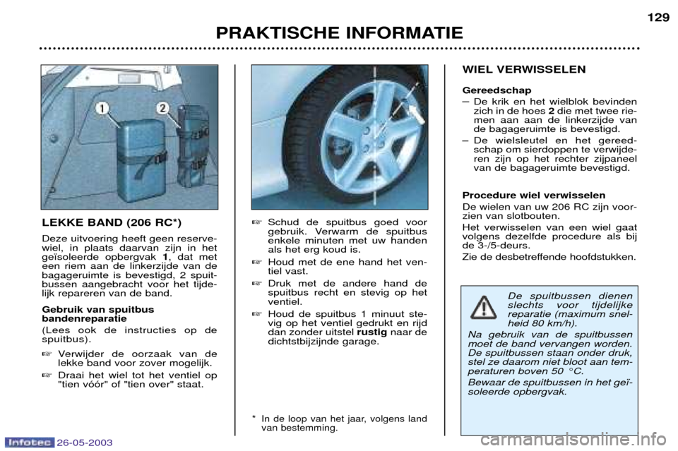 Peugeot 206 SW 2003  Handleiding (in Dutch) 26-05-2003
PRAKTISCHE INFORMATIE129
WIEL VERWISSELEN Gereedschap Ð De krik en het wielblok bevinden zich in de hoes  2die met twee rie-
men aan aan de linkerzijde vande bagageruimte is bevestigd.
Ð 