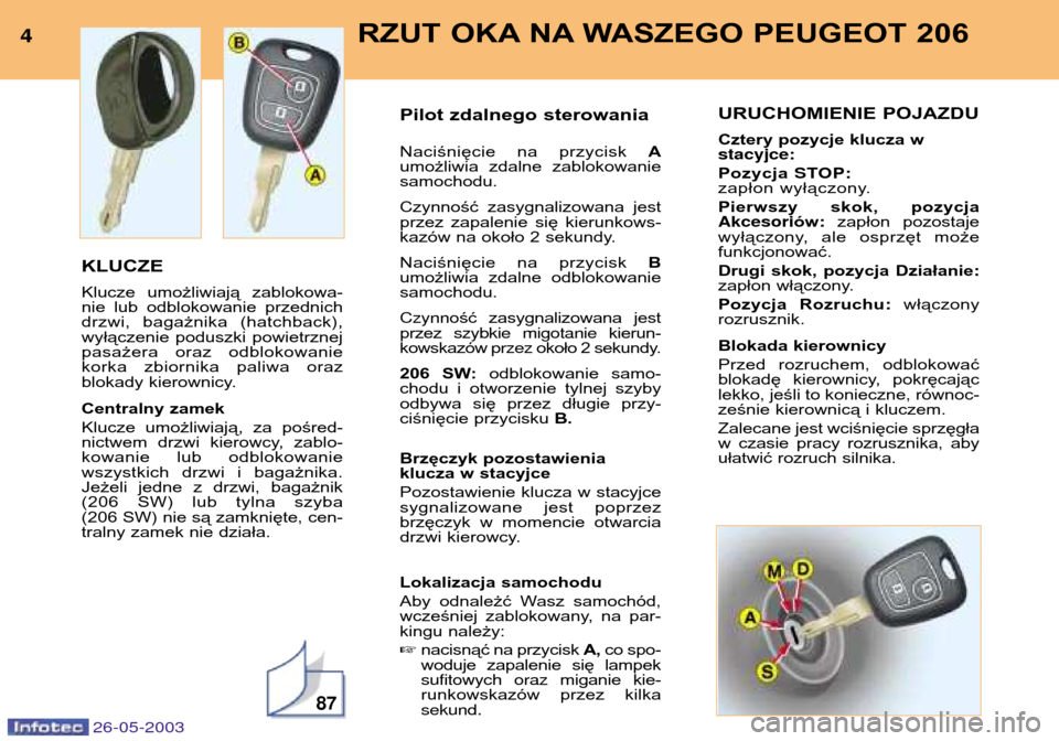 Peugeot 206 SW 2003  Instrukcja Obsługi (in Polish) 87
4RZUT OKA NA WASZEGO PEUGEOT 206
26-05-2003
KLUCZE 
Klucze  umożliwiają  zablokowa- 
nie  lub  odblokowanie  przednich
drzwi,  bagażnika  (hatchback),
wyłączenie  poduszki  powietrznej
pasaże