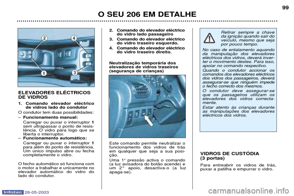 Peugeot 206 SW 2003  Manual do proprietário (in Portuguese) 26-05-2003
O SEU 206 EM DETALHE99
VIDROS DE CUSTîDIA (3 portas) Para entreabrir os vidros de tr‡s, puxar a patilha e empurrar o vidro.
ELEVADORES ELƒCTRICOS DE VIDROS  
1. Comando elevador elŽctr