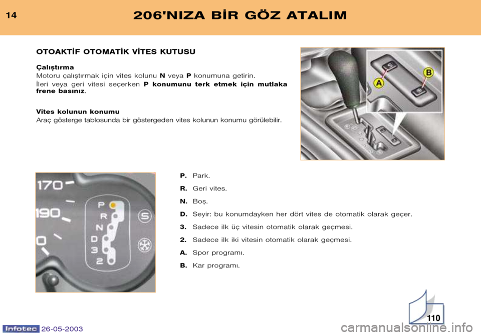 Peugeot 206 SW 2003  Kullanım Kılavuzu (in Turkish) 26-05-2003
11 0
206NIZA B¬R GÖZ ATALIM14P.Park.
R. Geri vites.
N. Bo™.
D. Seyir: bu konumdayken her dört vites de otomatik olarak geçer.
3. Sadece ilk üç vitesin otomatik olarak geçmesi.
2. 